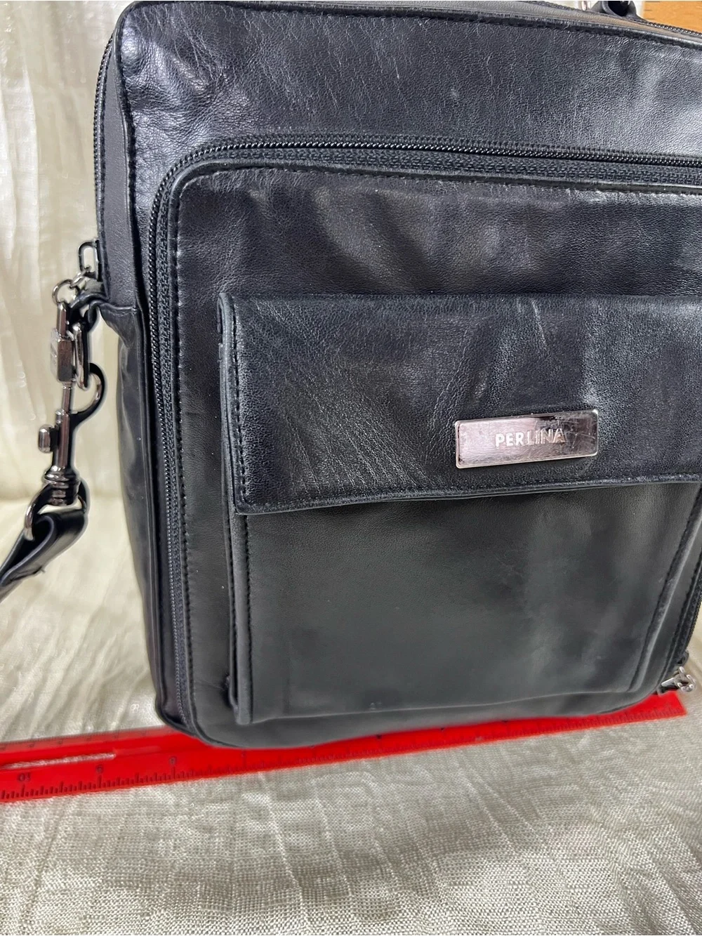 Vintage Perlina Black Leather Organizer Tablet Crossbody Messenger Travel Bag